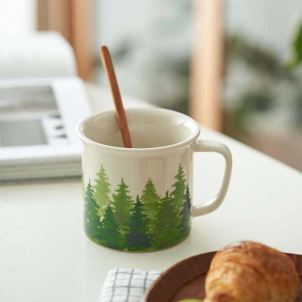 WAIT FLY Vintage Pine Tree Ceramic Coffee Mug, Tea Cup, 11 OZ Breakfast Cup-Green-1 PCS