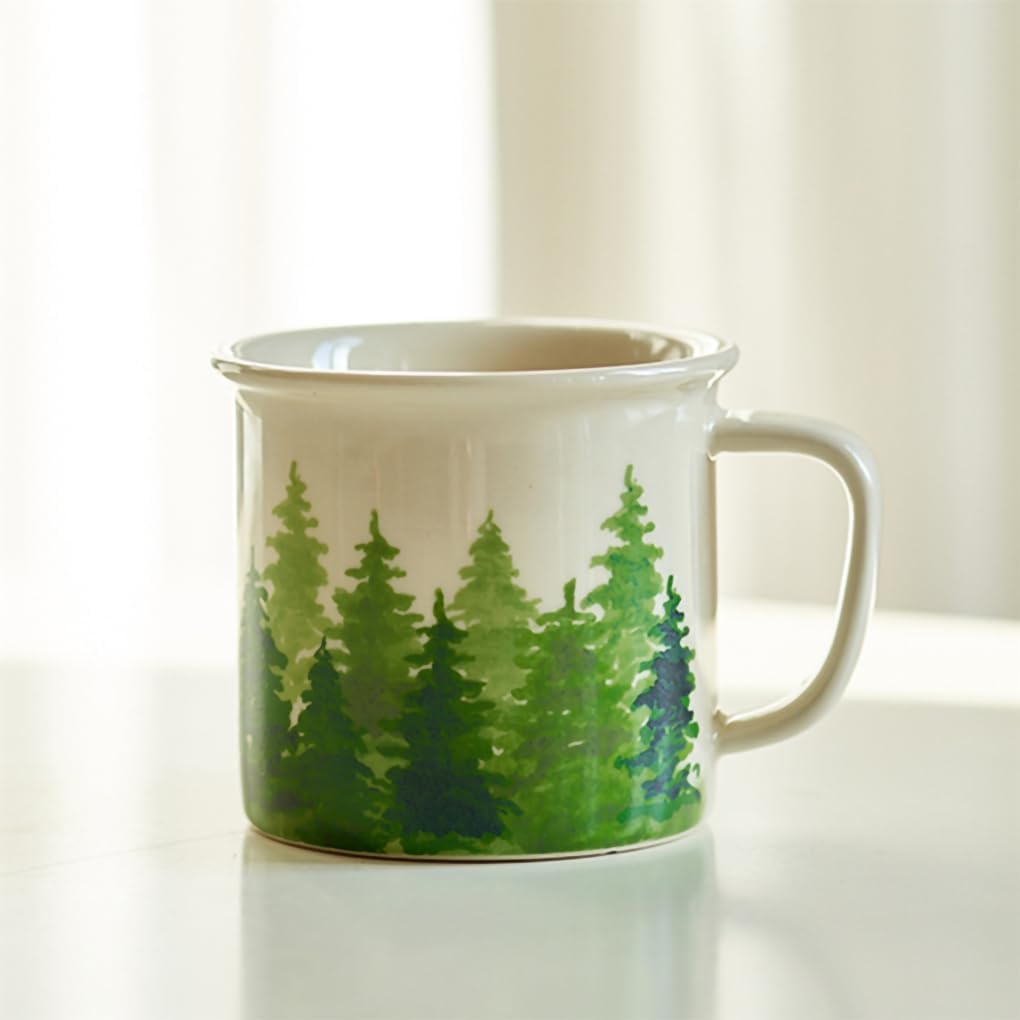 WAIT FLY Vintage Pine Tree Ceramic Coffee Mug, Tea Cup, 11 OZ Breakfast Cup-Green-1 PCS