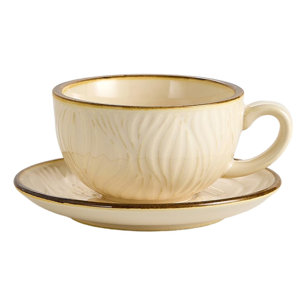 Vintage Design 12 oz Ceramic Latte Art Cappuccino Barista Cup with Saucer (Brown)