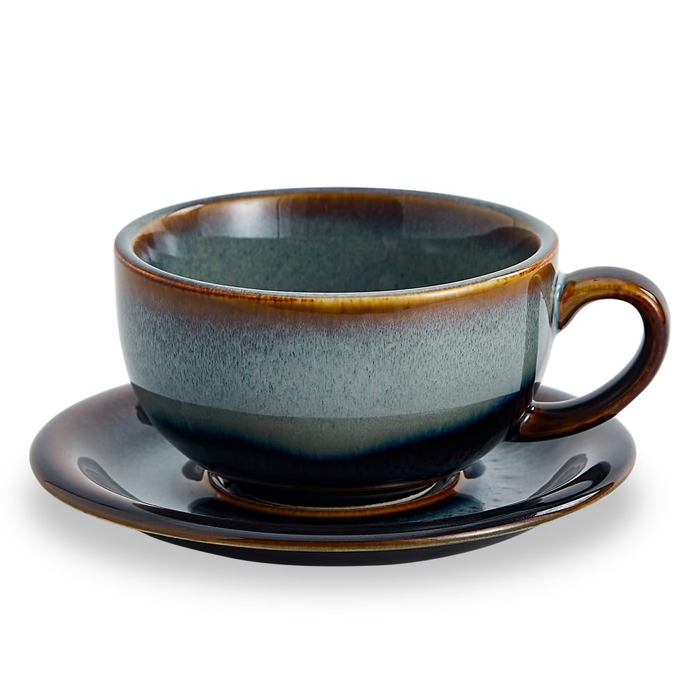 Vintage Design 12 oz Ceramic Latte Art Cappuccino Barista Cup with Saucer (Brown)