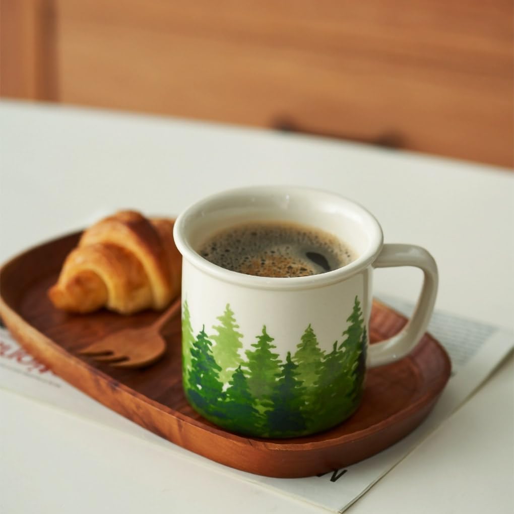 WAIT FLY Vintage Pine Tree Ceramic Coffee Mug, Tea Cup, 11 OZ Breakfast Cup-Green-1 PCS