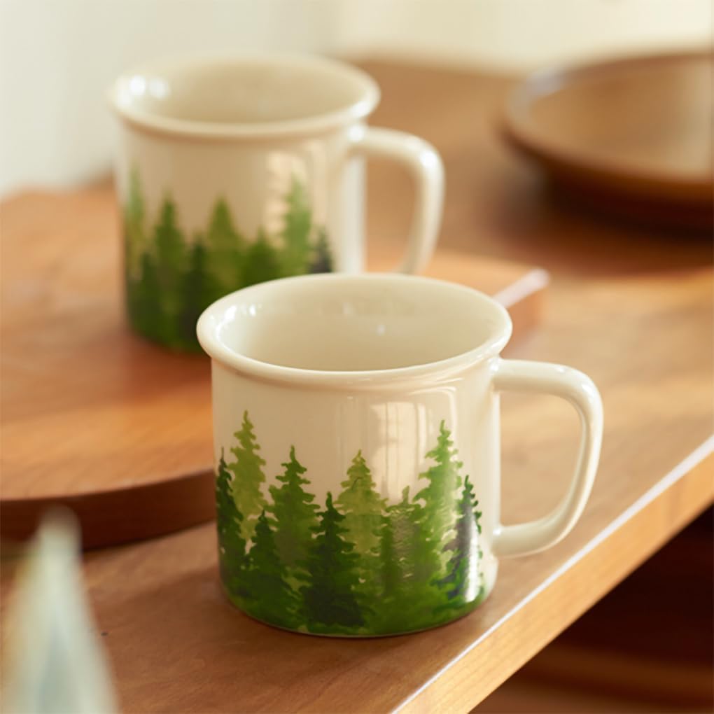 WAIT FLY Vintage Pine Tree Ceramic Coffee Mug, Tea Cup, 11 OZ Breakfast Cup-Green-1 PCS