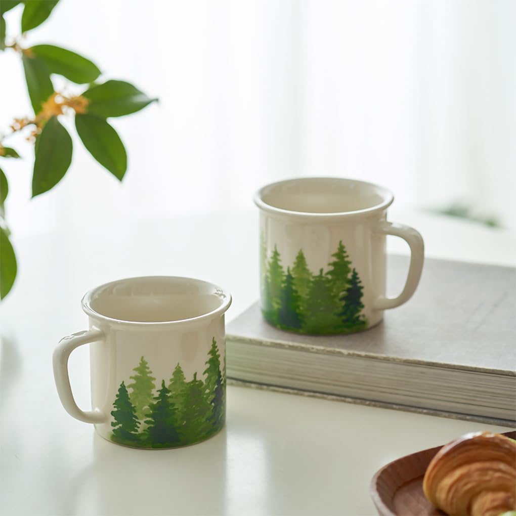WAIT FLY Vintage Pine Tree Ceramic Coffee Mug, Tea Cup, 11 OZ Breakfast Cup-Green-1 PCS