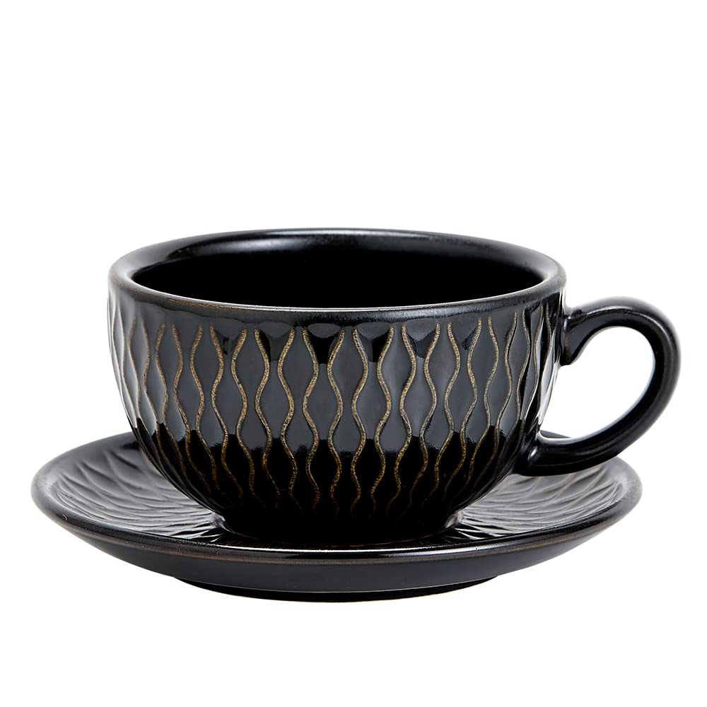 Vintage Design 12 oz Ceramic Latte Art Cappuccino Barista Cup with Saucer (Brown)