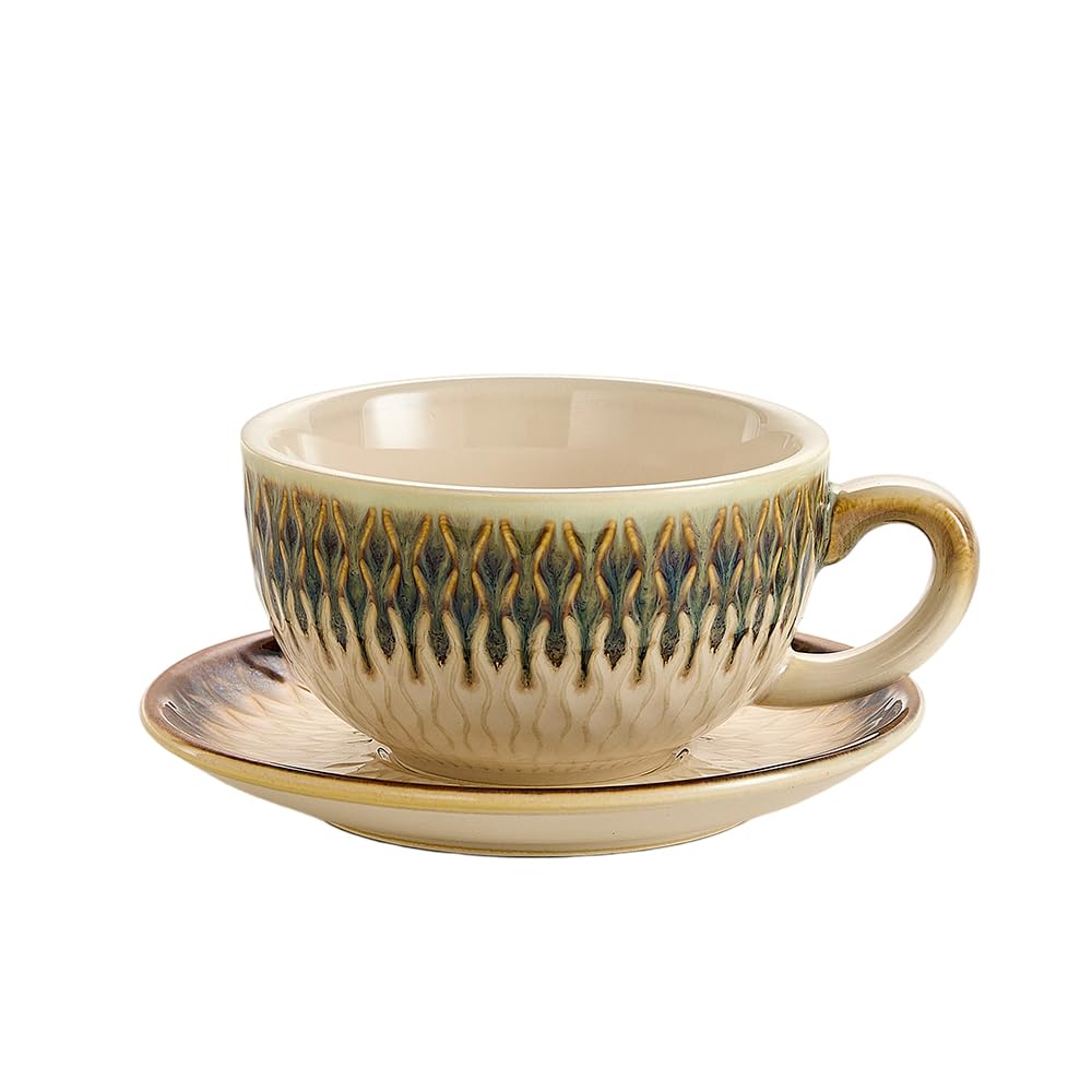 Vintage Design 12 oz Ceramic Latte Art Cappuccino Barista Cup with Saucer (Brown)