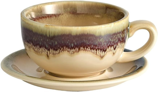 Vintage Design 12 oz Ceramic Latte Art Cappuccino Barista Cup with Saucer (Brown)