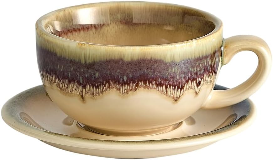 Vintage Design 12 oz Ceramic Latte Art Cappuccino Barista Cup with Saucer (Brown)