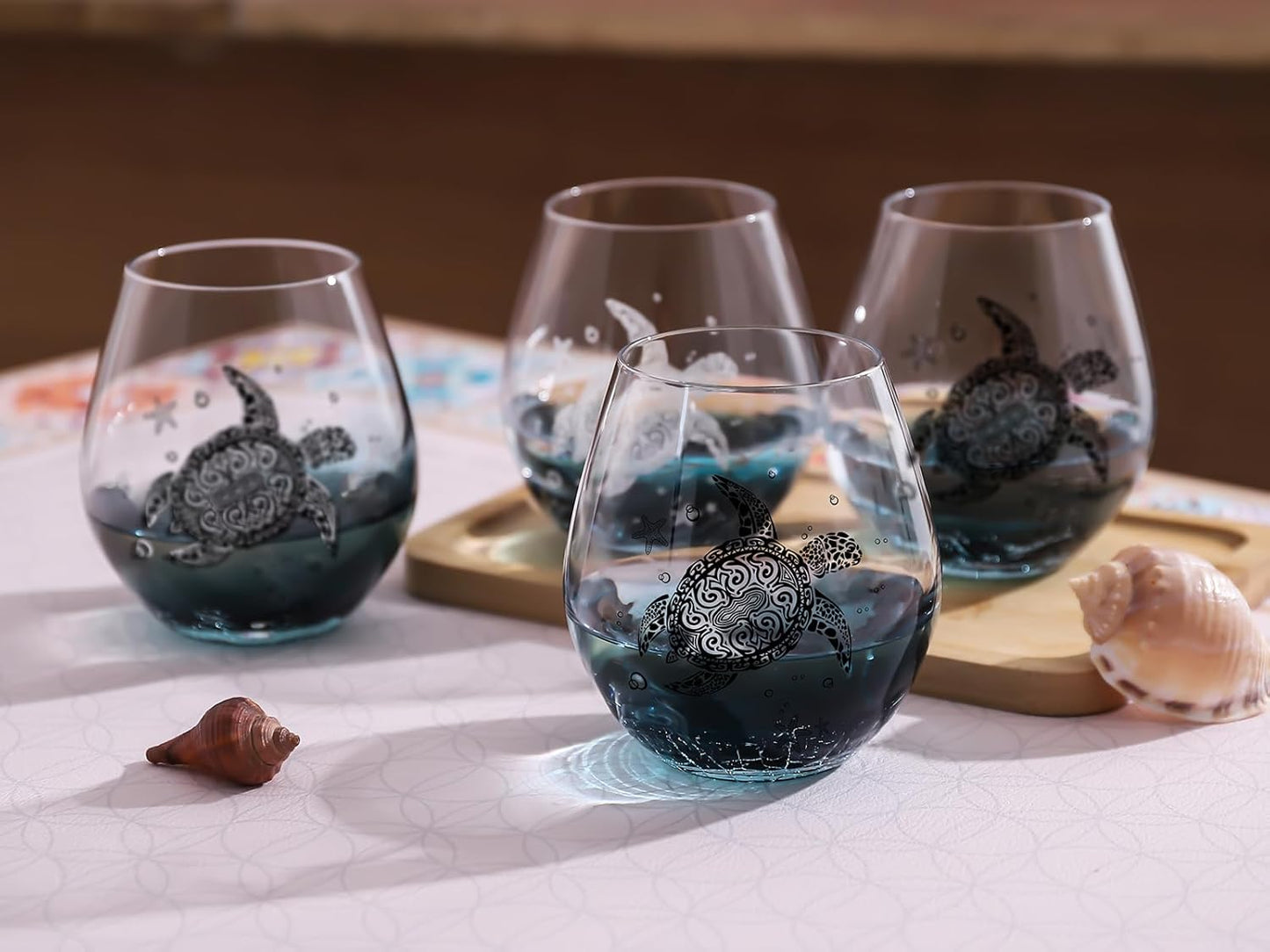 Sea Turtle Wine Glasses Set 2-13.3oz Crackle Teal Design, Hand blown Tortoise Wine Tumbler,Sea Turtle Gifts for Women, Birthday/Housewarming/Christmas Gifts for Seaturtle Lovers(2Count, Black)
