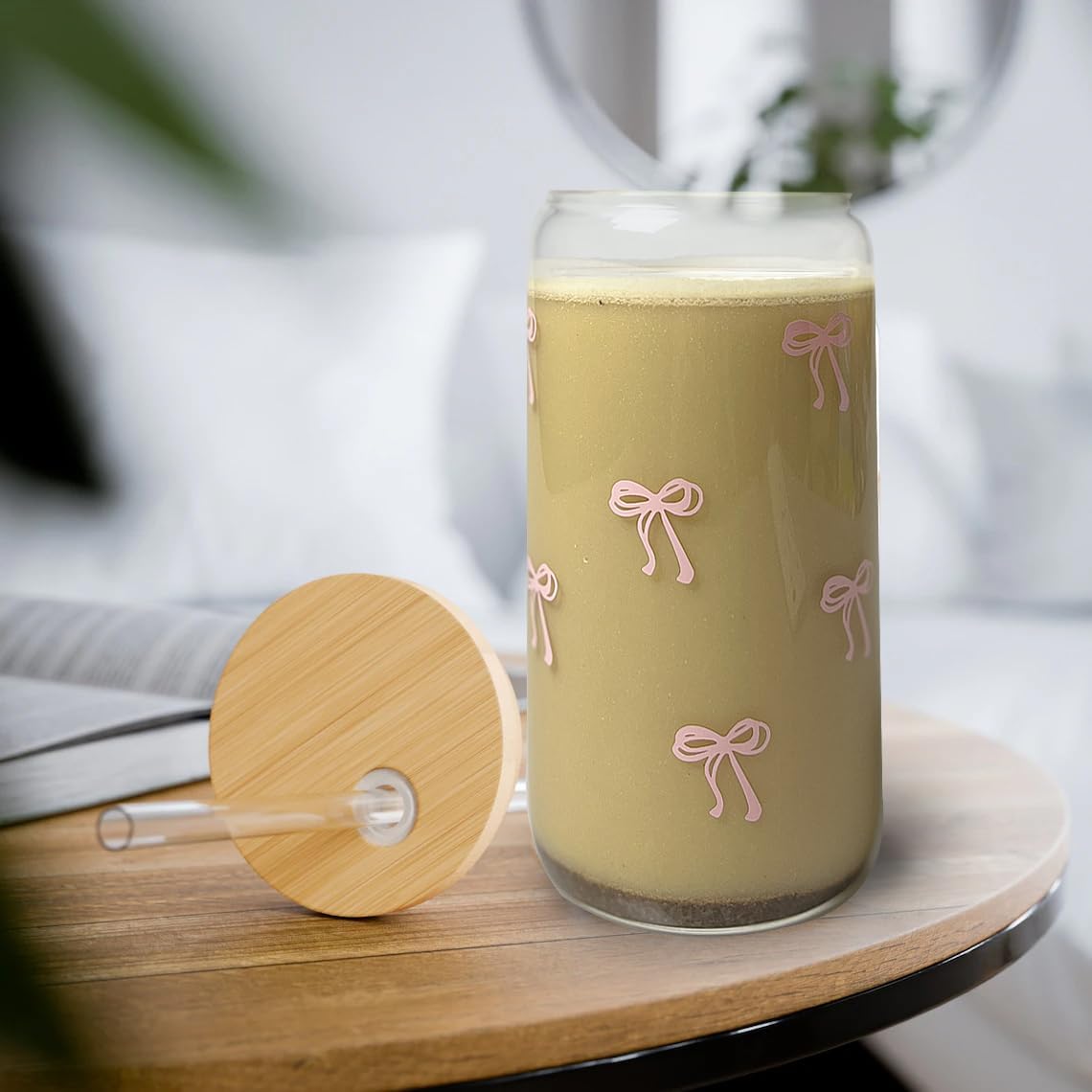 Coquette Aesthetic Glass Cups with Lids and Straws - Pink Bow Iced Coffee Cup Decor, Cute Tumbler Smoothie with Cleaning Brush&Gift Box, Gifts for Girls Women Friends, 16 oz