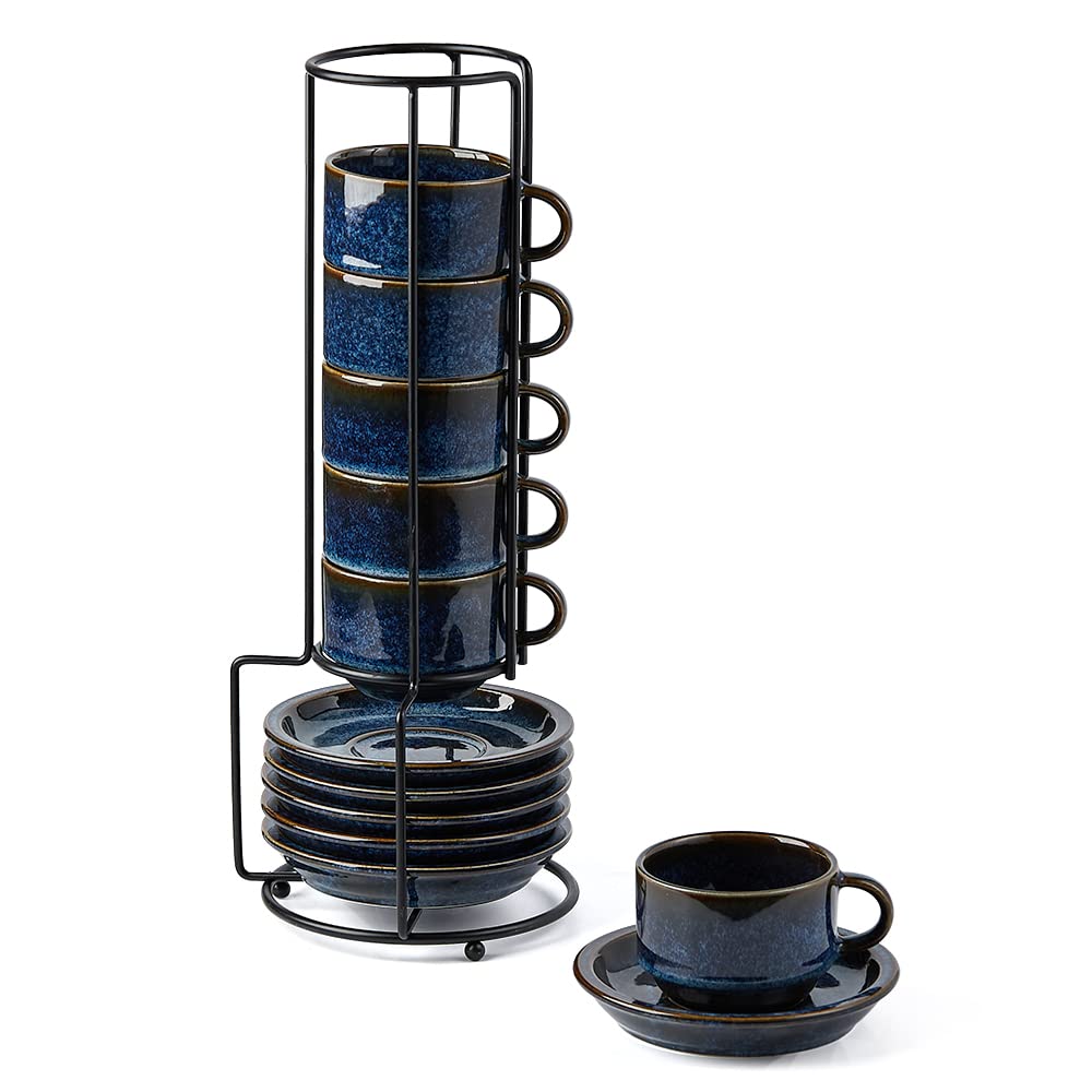 JIEMEI HOME Porcelain Stackable Cappuccino Cups with Saucers and Metal Stand, 7 Ounce Espresso Cups for Latte Coffee Cafe, Specialty Coffee Drinks, Cappuccino and Tea - Set of 4, Deep Blue
