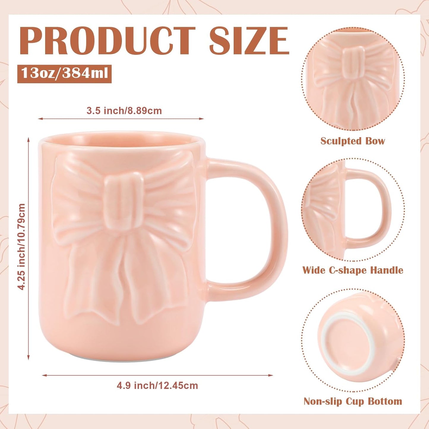 Bow Coffee Mug Coquette Ceramic Bow Mug 13 oz Charming Pink Coquette Cups with Handle Porcelain Coffee Cups for Women Birthday Decor Valentine Christmas Thanksgiving Day Gifts
