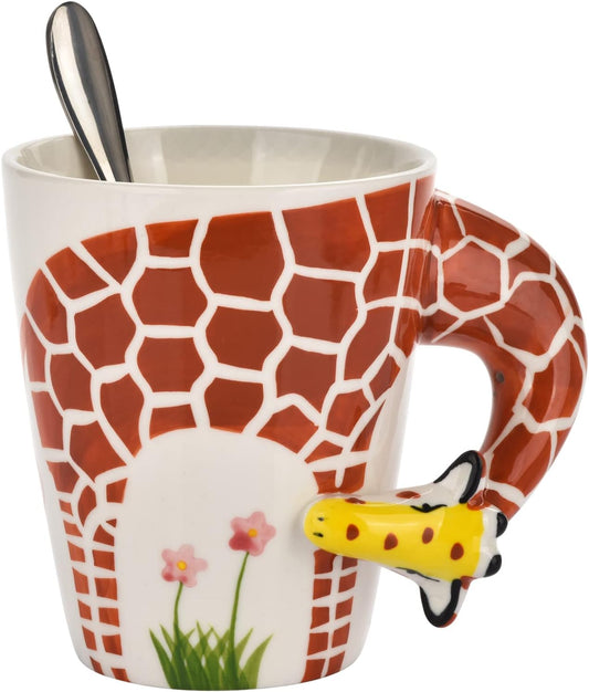 Novelty Funny Hand Painted Coffee Mug - Giraffe 3D Handle Handmade Large 15 oz Porcelain Tea Cup Unique Ideal Gifts