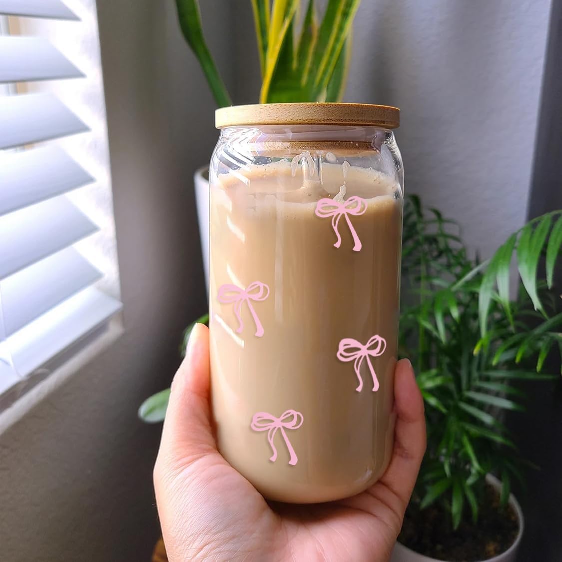 Coquette Aesthetic Glass Cups with Lids and Straws - Pink Bow Iced Coffee Cup Decor, Cute Tumbler Smoothie with Cleaning Brush&Gift Box, Gifts for Girls Women Friends, 16 oz