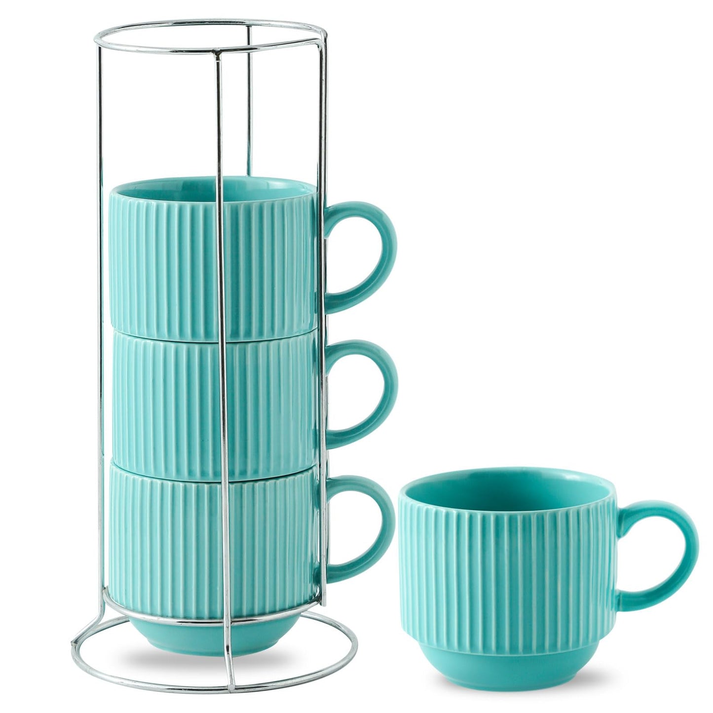 Hasense Coffee Mug Ceramic Set of 2 with Stand - 15 oz Stackable Coffee Cups for Wedding & Housewarming Gifts - Microwave Dishwasher Safe, Navy Blue