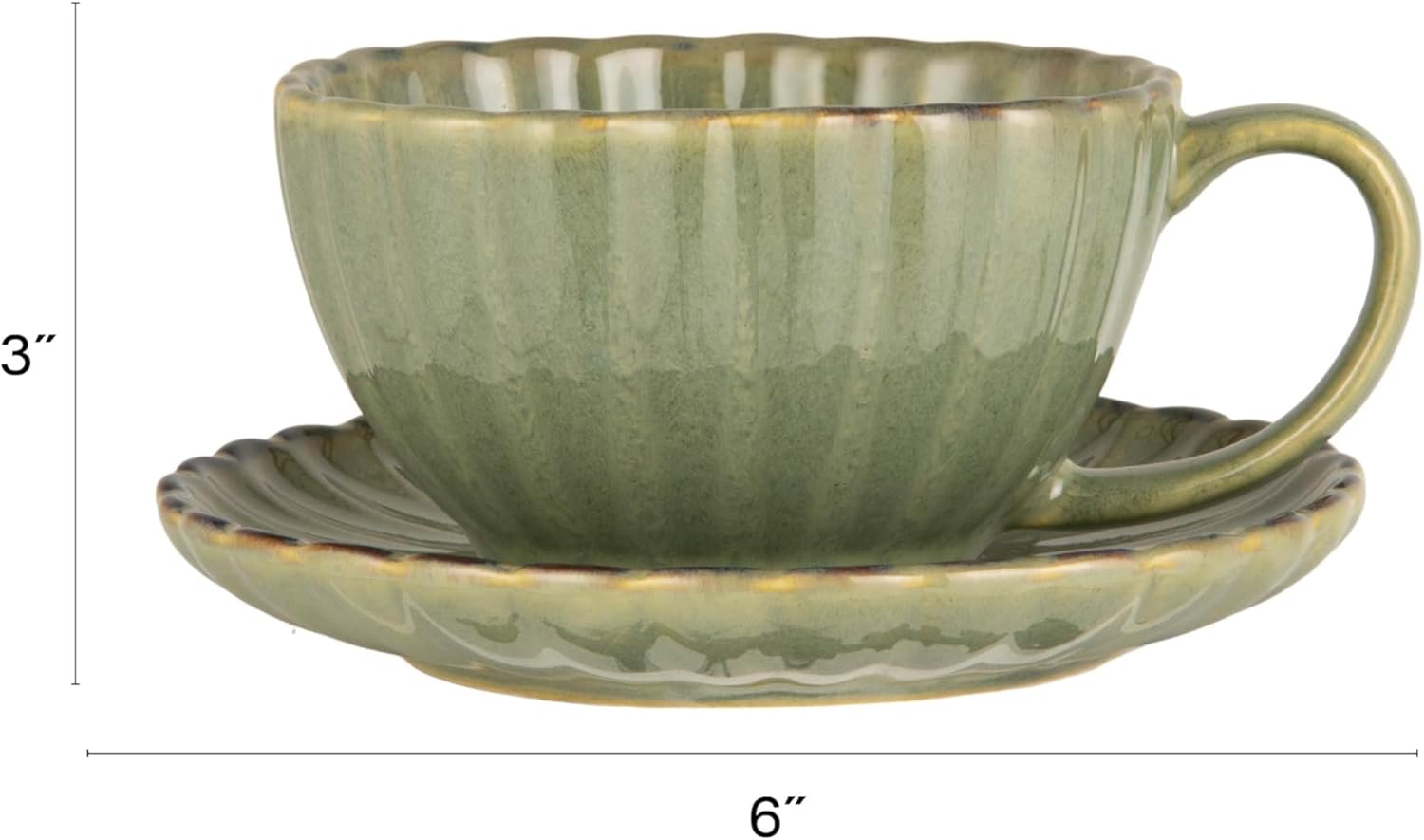 Creative Co-Op 10-Ounce Stoneware Ribbed Mug with Saucer in Reactive Glaze, Sage Green