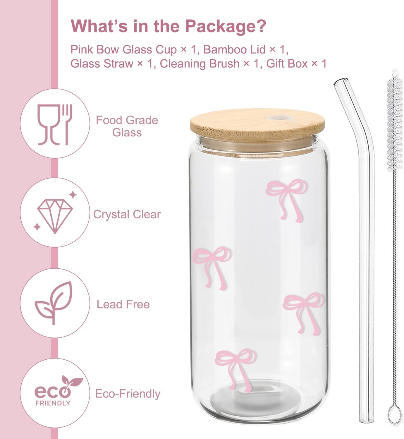 Coquette Aesthetic Glass Cups with Lids and Straws - Pink Bow Iced Coffee Cup Decor, Cute Tumbler Smoothie with Cleaning Brush&Gift Box, Gifts for Girls Women Friends, 16 oz
