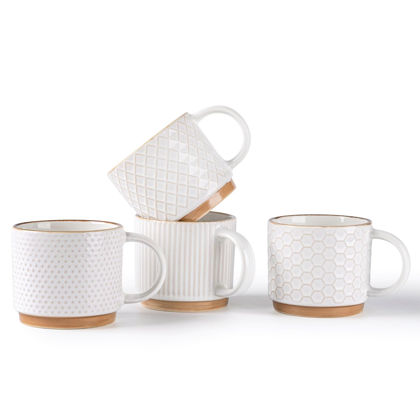 GBHOME 12 OZ Stackable Coffee Mugs, Ceramic Coffee Cups with Texture Patterns for Man,Woman,Dad,Mom, Modern Mugs Set of 4 for Latte/Cappuccino/Cocoa. Dishwasher&Microwave Safe