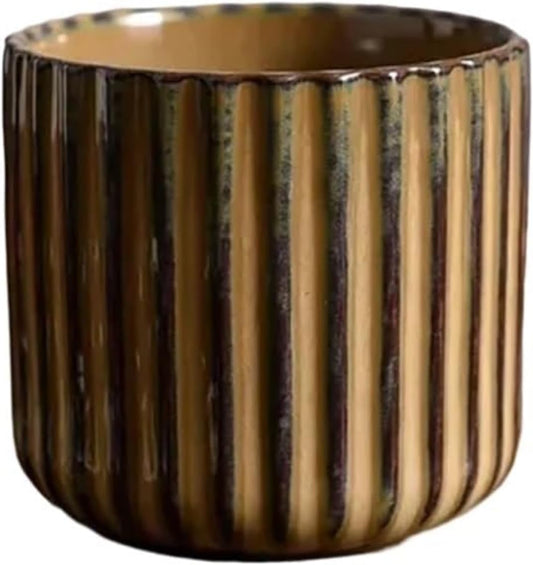 Vinitage Ceramic Mug, Japanese Tea Cup 6oz Striped Cup No Handle Drinking Cup for Latte Milk Water Beverage Juice Microwave and Dishwasher Safe, Kiln Transformation Cup (Brown)