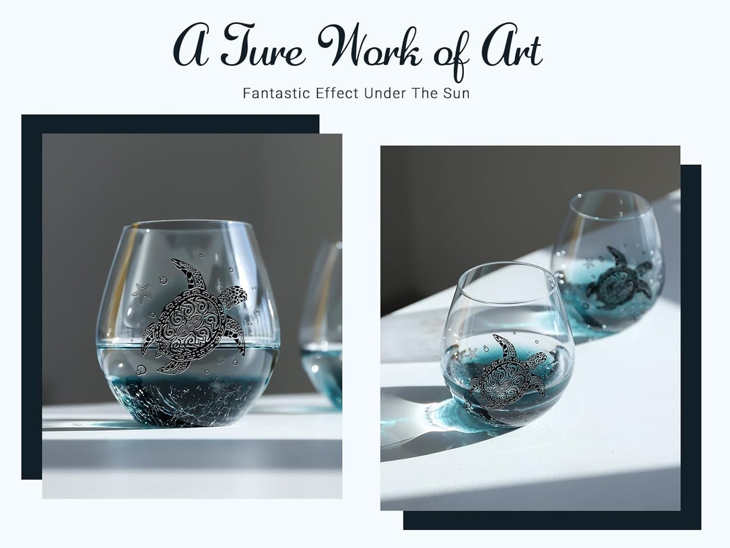 Sea Turtle Wine Glasses Set 2-13.3oz Crackle Teal Design, Hand blown Tortoise Wine Tumbler,Sea Turtle Gifts for Women, Birthday/Housewarming/Christmas Gifts for Seaturtle Lovers(2Count, Black)