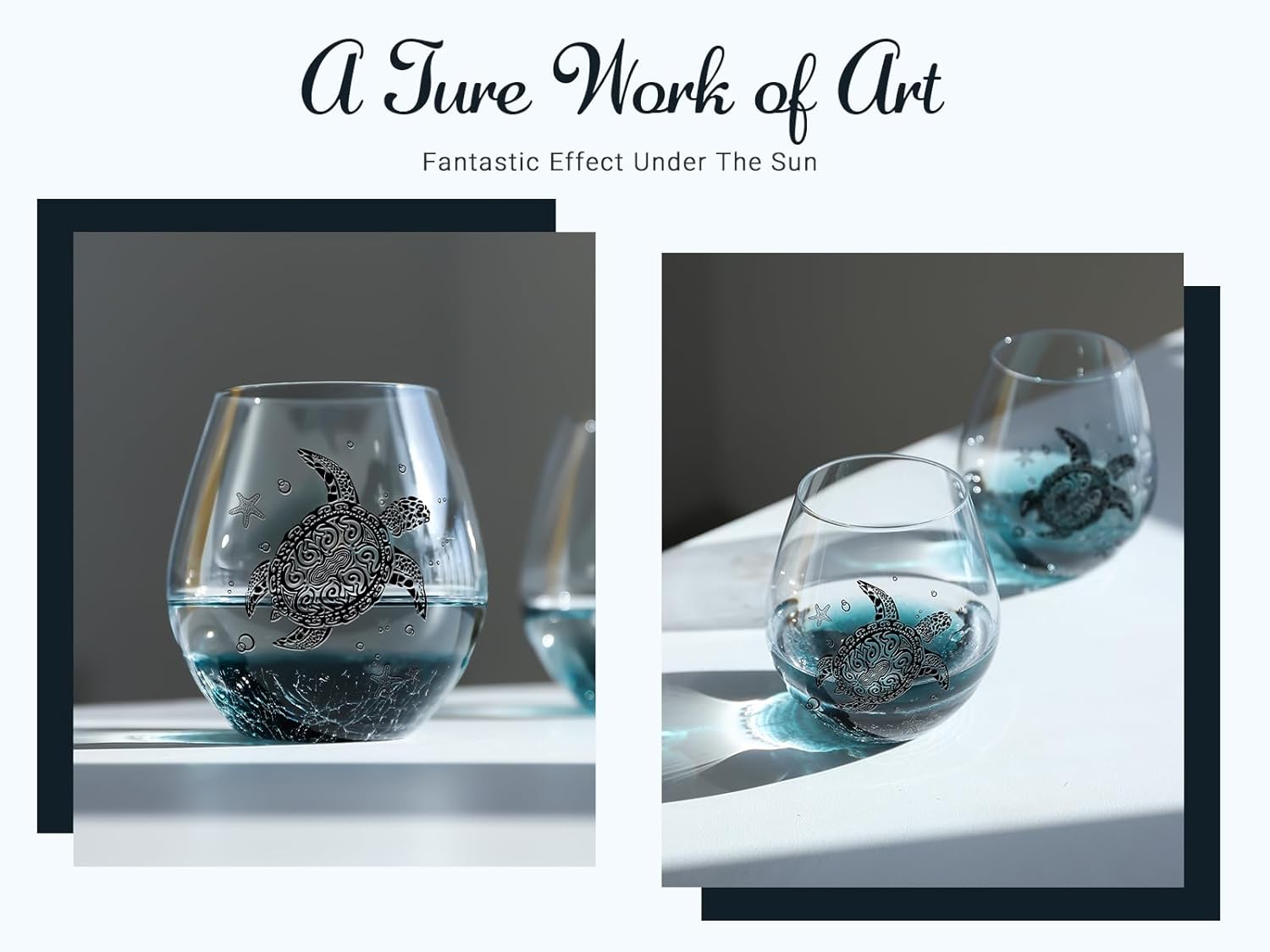 Sea Turtle Wine Glasses Set 2-13.3oz Crackle Teal Design, Hand blown Tortoise Wine Tumbler,Sea Turtle Gifts for Women, Birthday/Housewarming/Christmas Gifts for Seaturtle Lovers(2Count, Black)