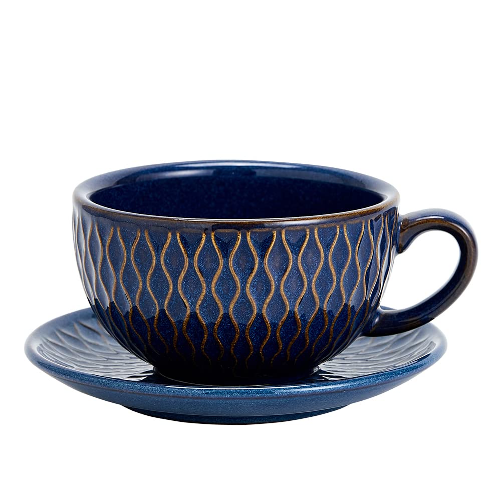 Vintage Design 12 oz Ceramic Latte Art Cappuccino Barista Cup with Saucer (Brown)