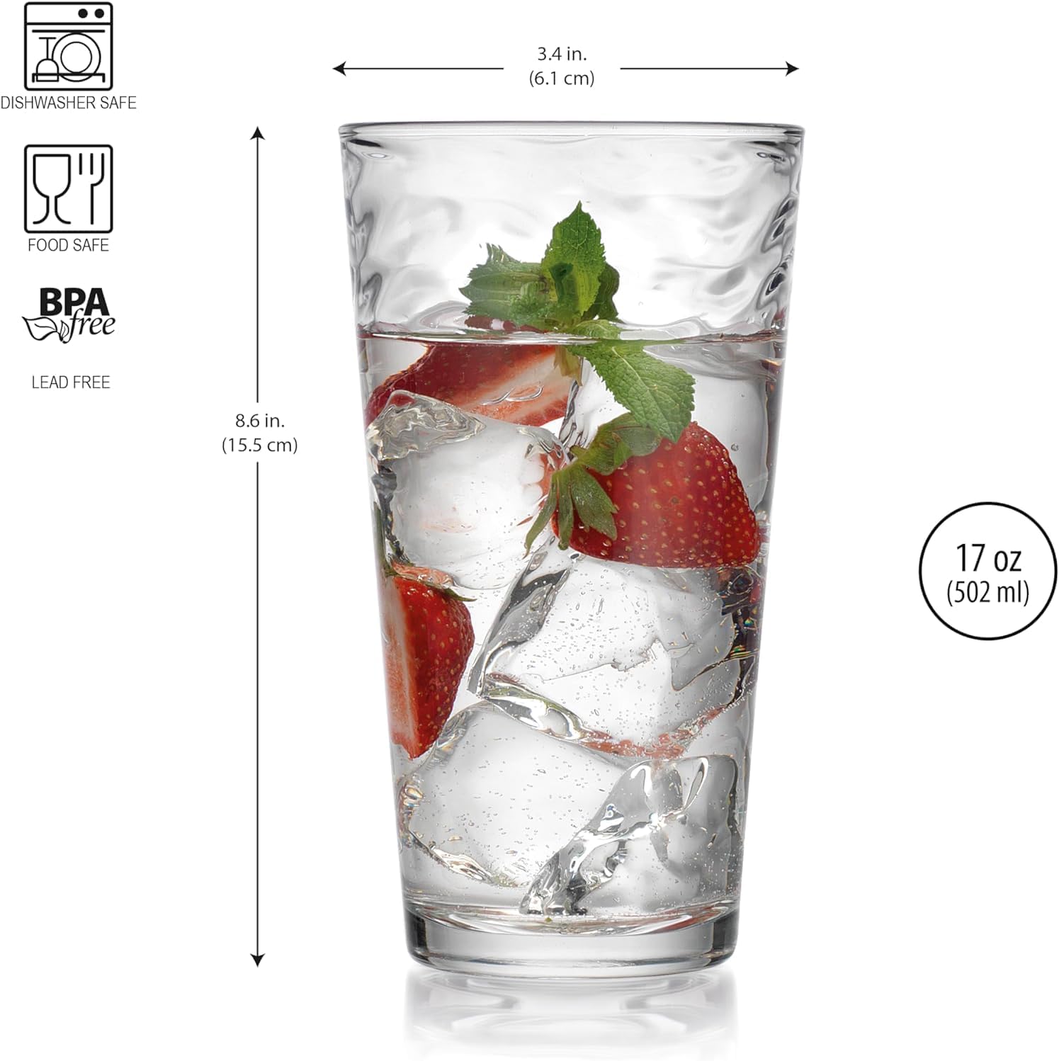 Glaver's Hammered Glass Cups. Cocktail Drinking Glasses Set of 6 Tall Kitchen Glasses, 17 oz Water Glassware For Bar, Juice, Beer, Iced Tea, Everyday Cordial Glasses Drinkware.