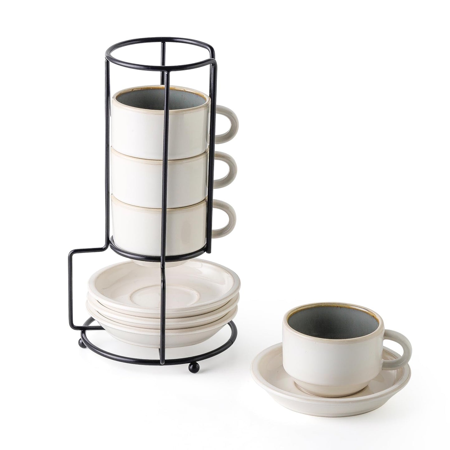 JIEMEI HOME Porcelain Stackable Cappuccino Cups with Saucers and Metal Stand, 7 Ounce Espresso Cups for Latte Coffee Cafe, Specialty Coffee Drinks, Cappuccino and Tea - Set of 4, Deep Blue