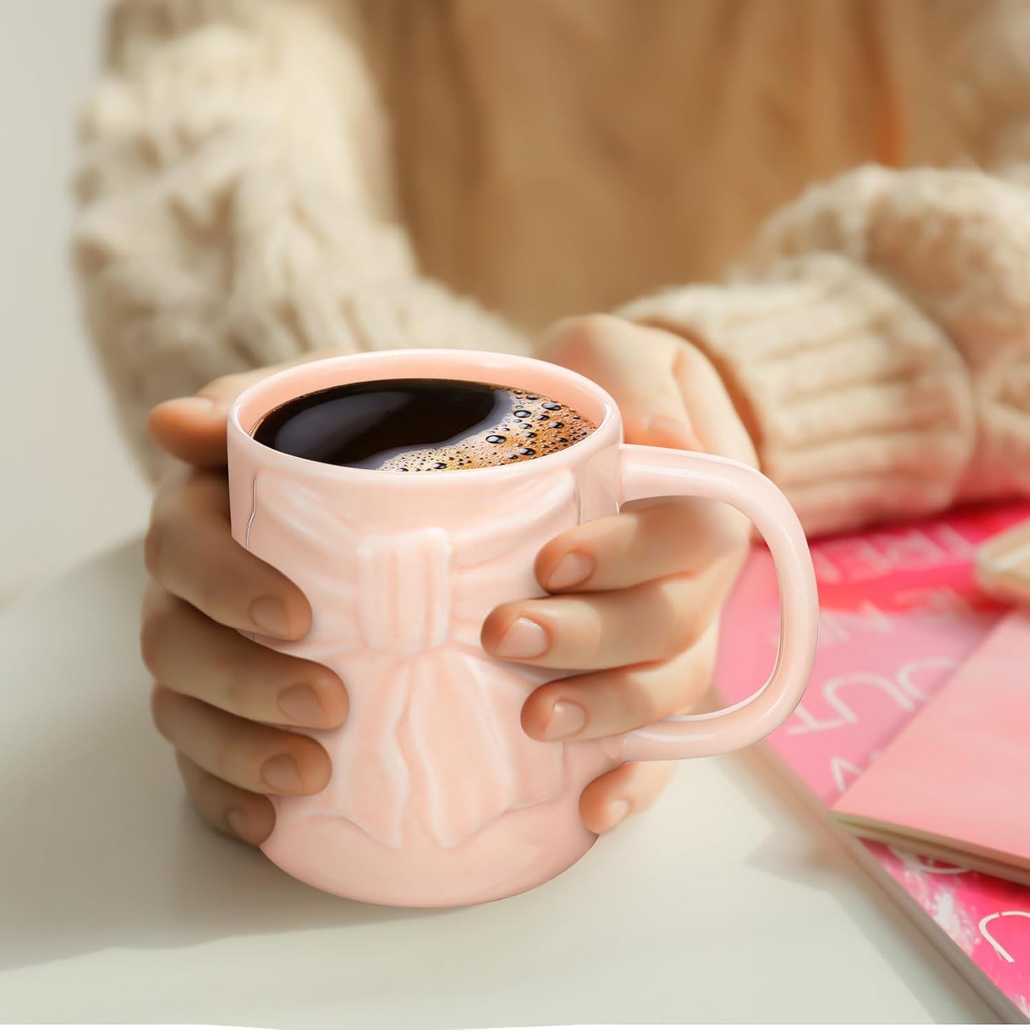 Bow Coffee Mug Coquette Ceramic Bow Mug 13 oz Charming Pink Coquette Cups with Handle Porcelain Coffee Cups for Women Birthday Decor Valentine Christmas Thanksgiving Day Gifts