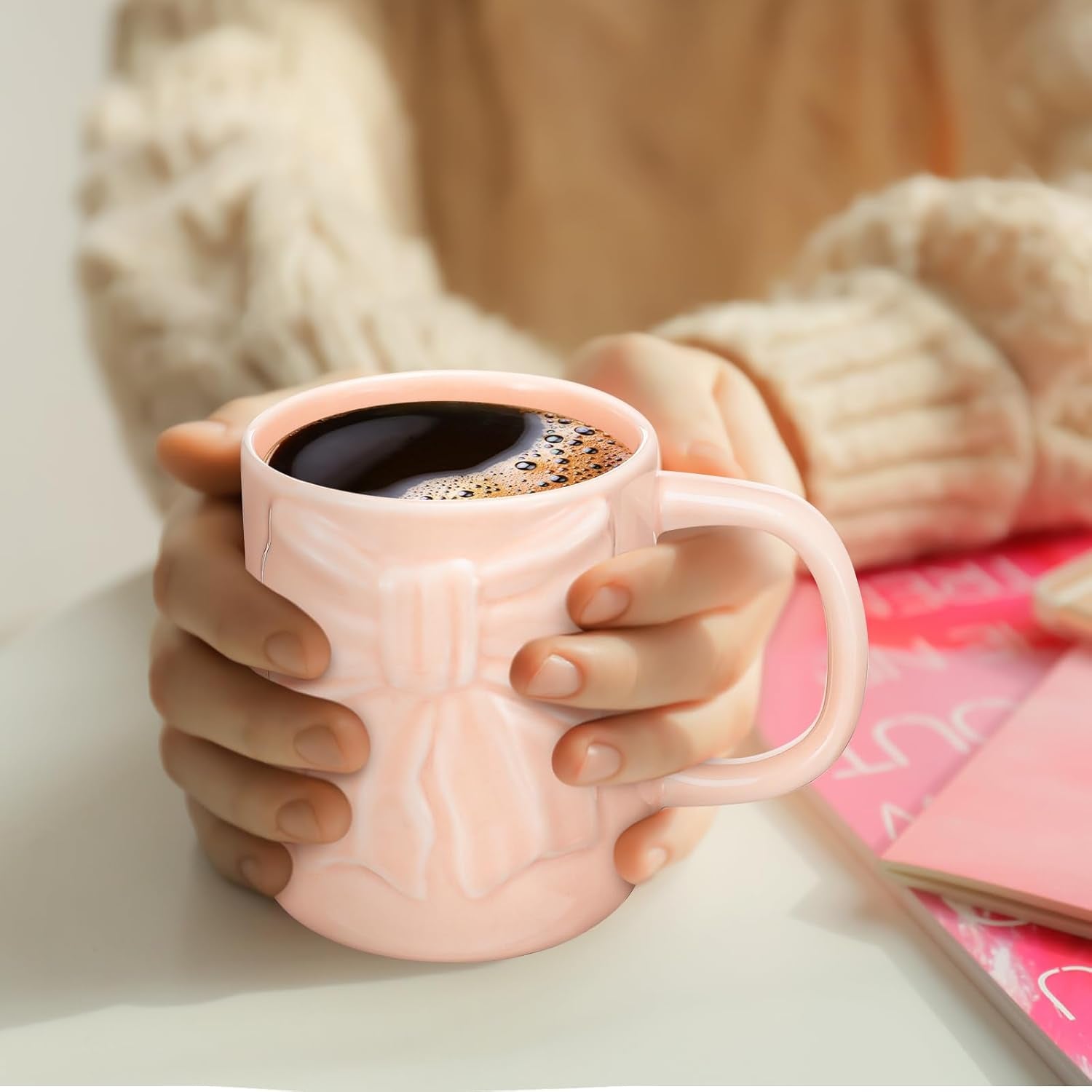 Bow Coffee Mug Coquette Ceramic Bow Mug 13 oz Charming Pink Coquette Cups with Handle Porcelain Coffee Cups for Women Birthday Decor Valentine Christmas Thanksgiving Day Gifts