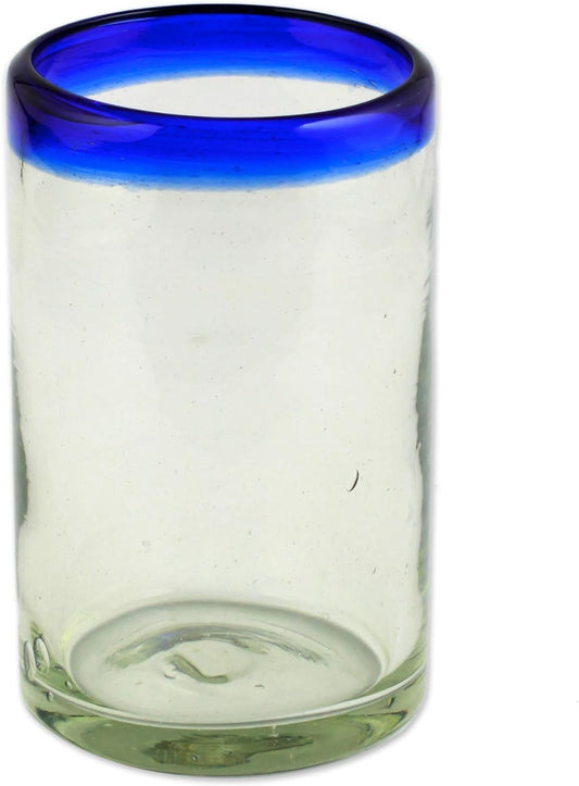 NOVICA Artisan Crafted Hand Blown Clear Blue Rim Recycled Glass Juice Glasses, 4.3In H X 2.6In Diam. 8 Oz. 'Cobalt' (Set Of 6)