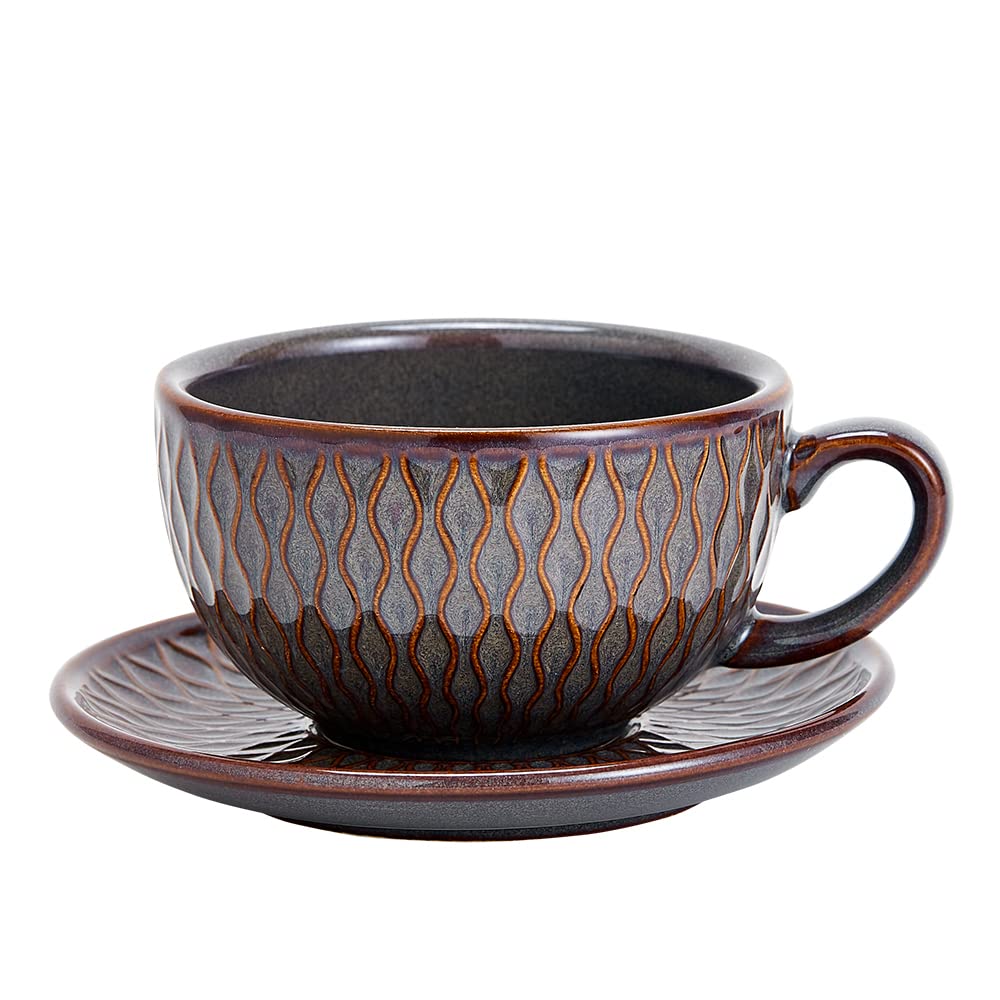 Vintage Design 12 oz Ceramic Latte Art Cappuccino Barista Cup with Saucer (Brown)