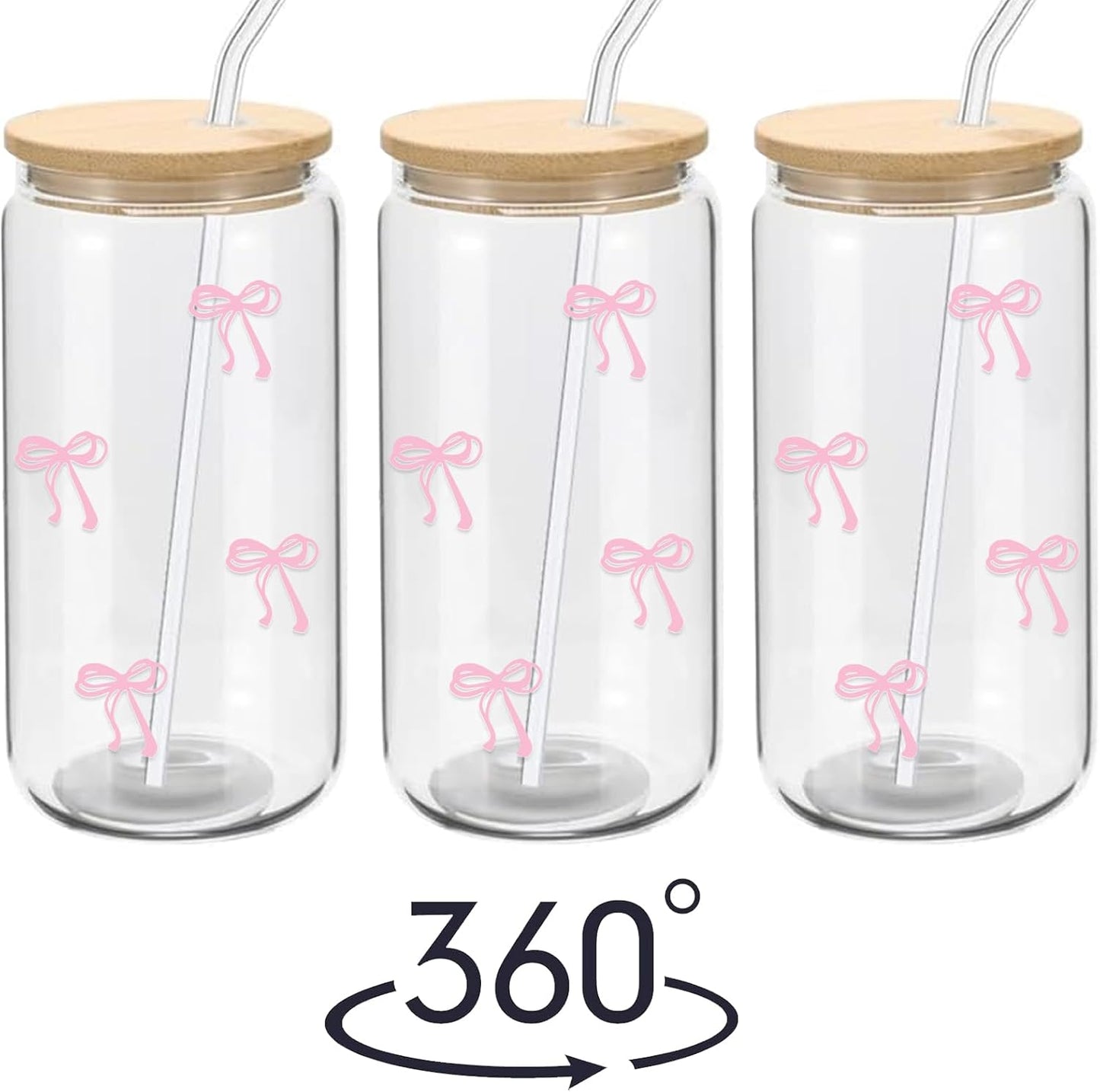 Coquette Aesthetic Glass Cups with Lids and Straws - Pink Bow Iced Coffee Cup Decor, Cute Tumbler Smoothie with Cleaning Brush&Gift Box, Gifts for Girls Women Friends, 16 oz