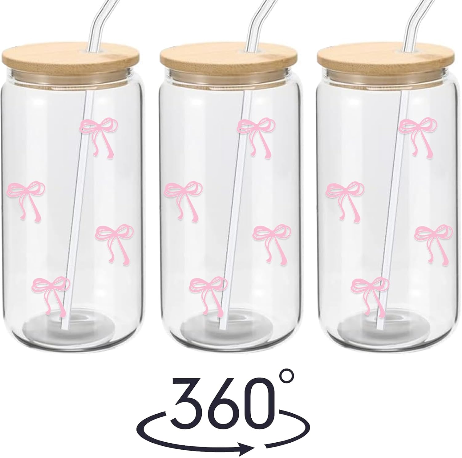 Coquette Aesthetic Glass Cups with Lids and Straws - Pink Bow Iced Coffee Cup Decor, Cute Tumbler Smoothie with Cleaning Brush&Gift Box, Gifts for Girls Women Friends, 16 oz