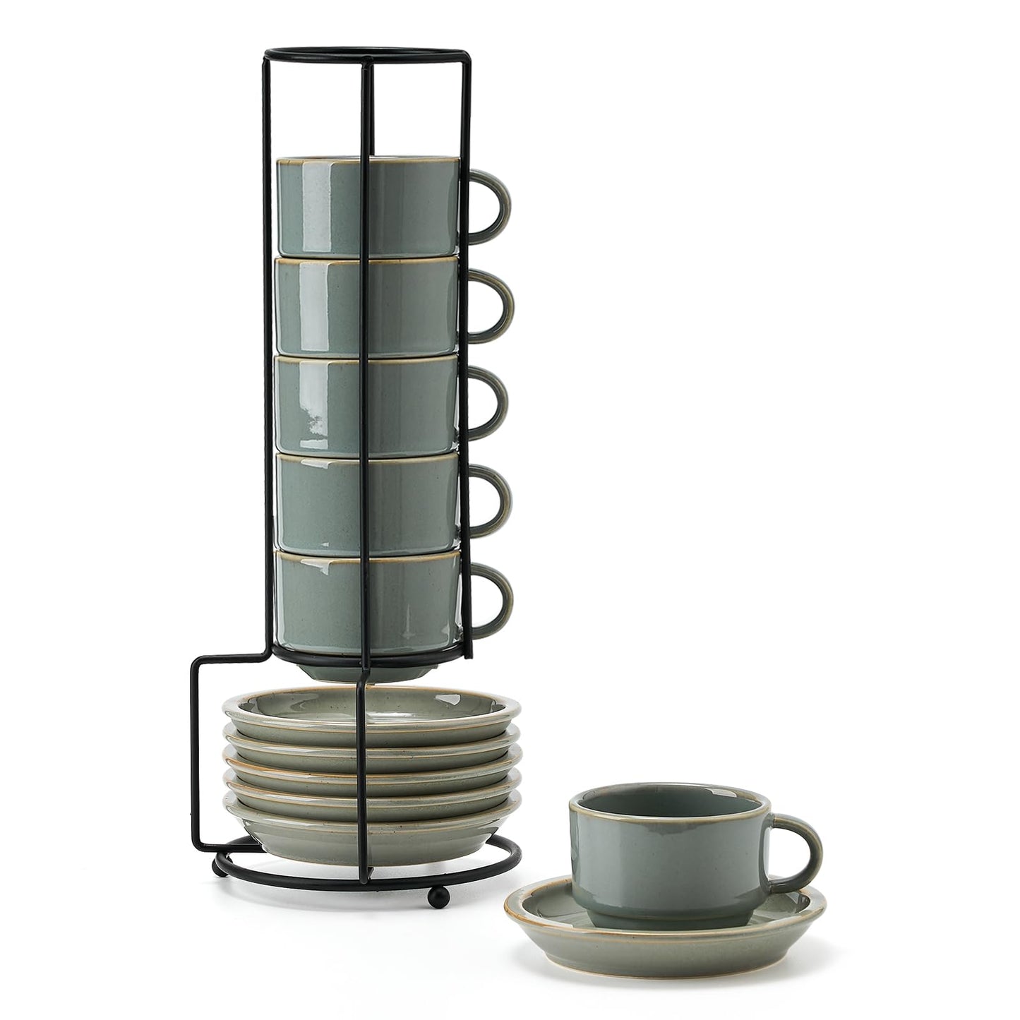 JIEMEI HOME Porcelain Stackable Cappuccino Cups with Saucers and Metal Stand, 7 Ounce Espresso Cups for Latte Coffee Cafe, Specialty Coffee Drinks, Cappuccino and Tea - Set of 4, Deep Blue
