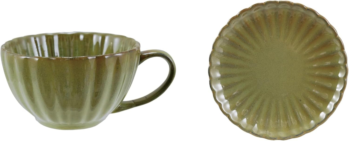 Creative Co-Op 10-Ounce Stoneware Ribbed Mug with Saucer in Reactive Glaze, Sage Green