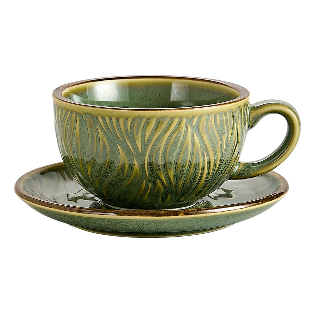 Vintage Design 12 oz Ceramic Latte Art Cappuccino Barista Cup with Saucer (Brown)