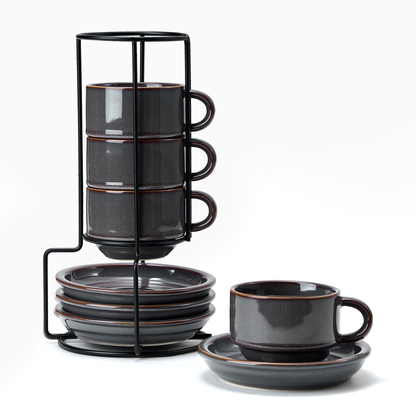 JIEMEI HOME Porcelain Stackable Cappuccino Cups with Saucers and Metal Stand, 7 Ounce Espresso Cups for Latte Coffee Cafe, Specialty Coffee Drinks, Cappuccino and Tea - Set of 4, Deep Blue