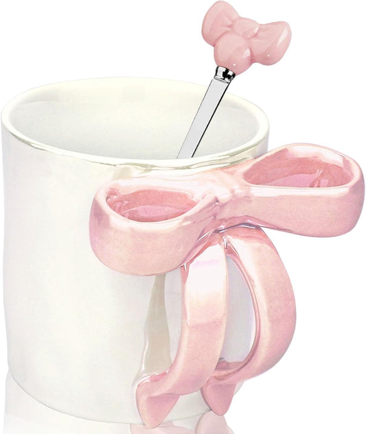 12 OZ Bow Coffee Mug Pink Ceramic Cute Mug Coffee Cup Coquette Porcelain Coffee Tea Cup for Women Girl