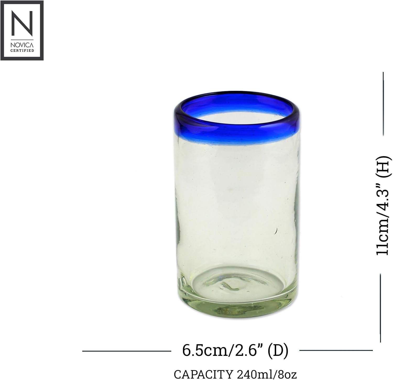 NOVICA Artisan Crafted Hand Blown Clear Blue Rim Recycled Glass Juice Glasses, 4.3In H X 2.6In Diam. 8 Oz. 'Cobalt' (Set Of 6)