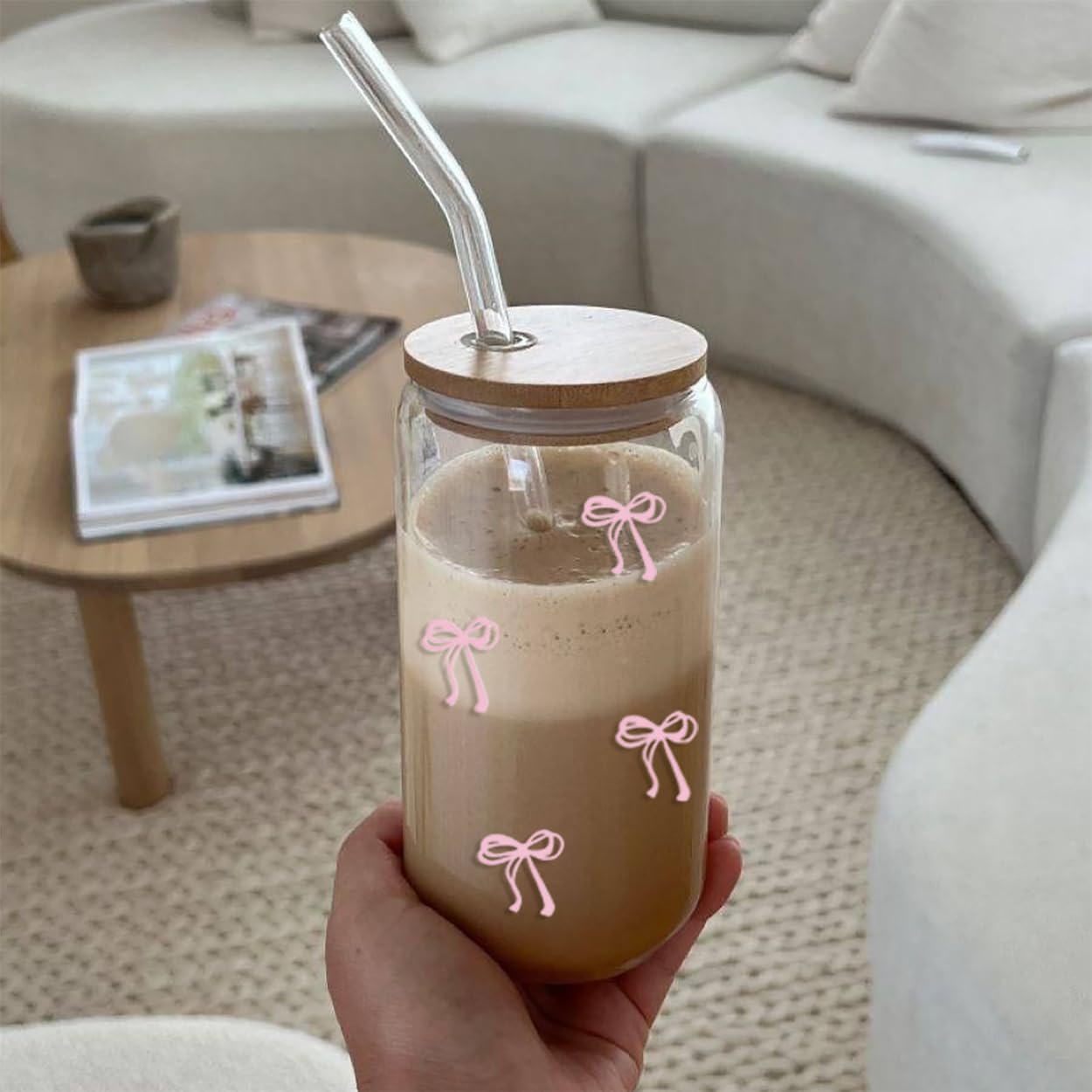 Coquette Aesthetic Glass Cups with Lids and Straws - Pink Bow Iced Coffee Cup Decor, Cute Tumbler Smoothie with Cleaning Brush&Gift Box, Gifts for Girls Women Friends, 16 oz