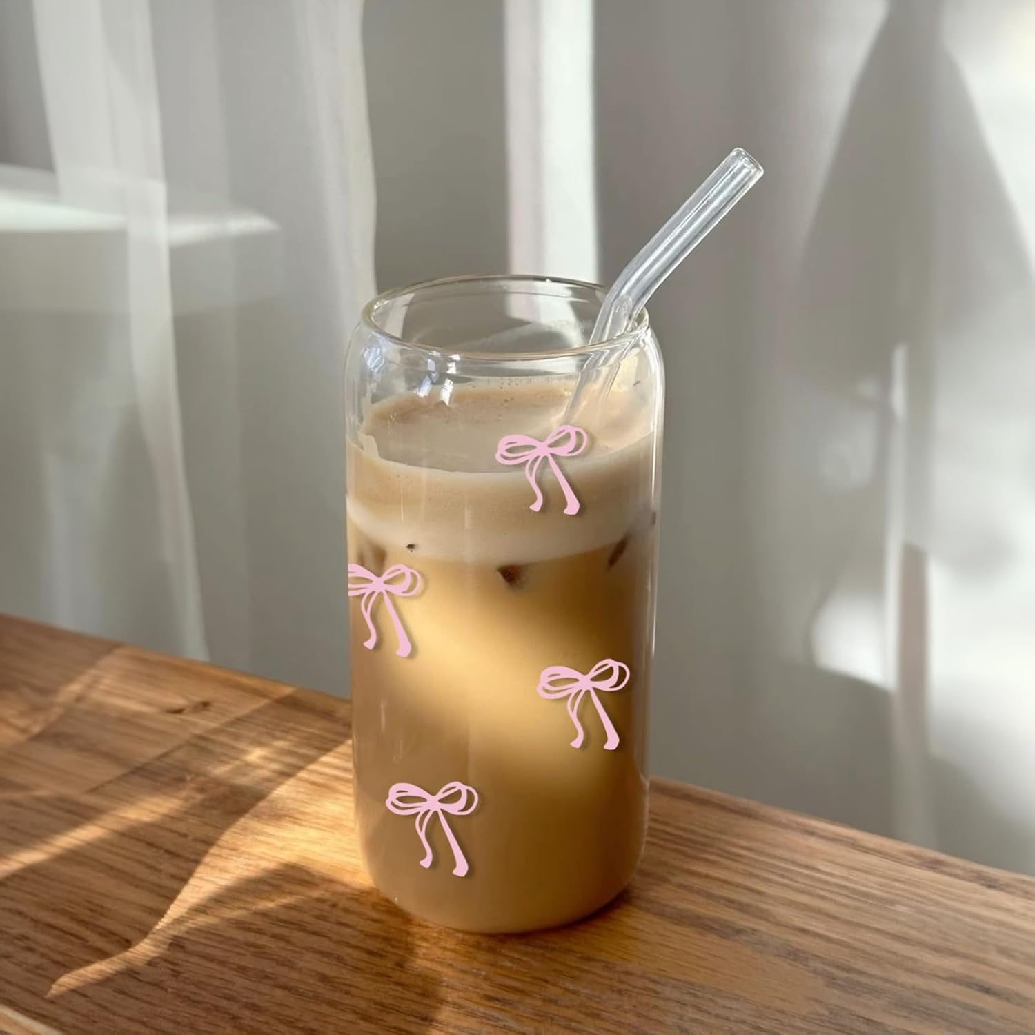 Coquette Aesthetic Glass Cups with Lids and Straws - Pink Bow Iced Coffee Cup Decor, Cute Tumbler Smoothie with Cleaning Brush&Gift Box, Gifts for Girls Women Friends, 16 oz