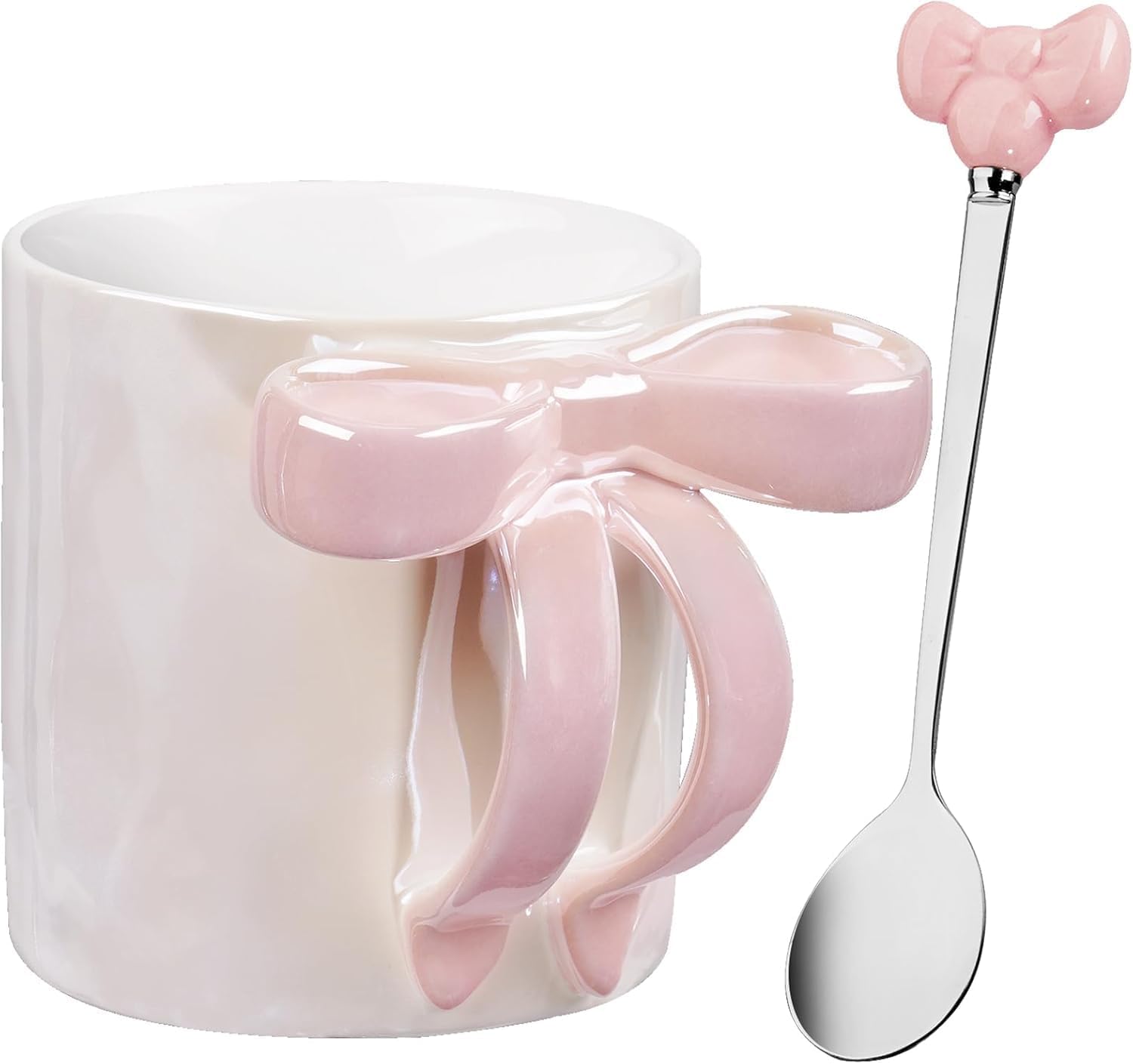 12 OZ Bow Coffee Mug Pink Ceramic Cute Mug Coffee Cup Coquette Porcelain Coffee Tea Cup for Women Girl