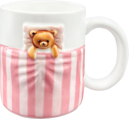 Cute Pink Mug with 3D Cartoon Bear, 12oz Handmade Ceramic Coffee Mugs for Women Girls, Novelty Porcelain Cups for Office & Home