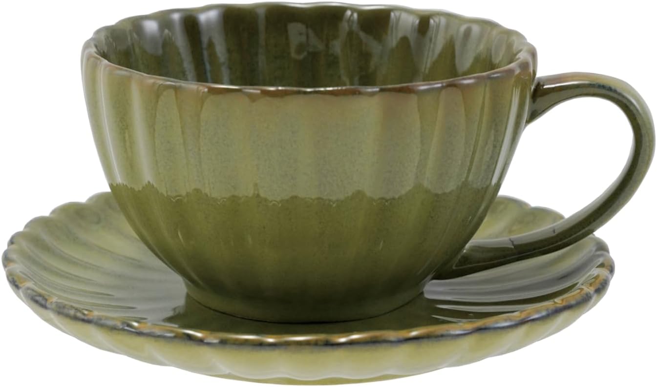 Creative Co-Op 10-Ounce Stoneware Ribbed Mug with Saucer in Reactive Glaze, Sage Green