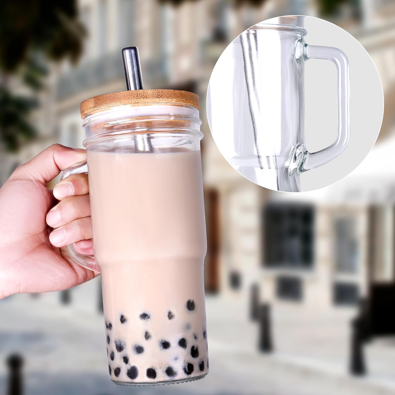 24oz Glass Cups with Lids and Straws - Glass Tumbler cup with bamboo lids and straw iced coffee cup