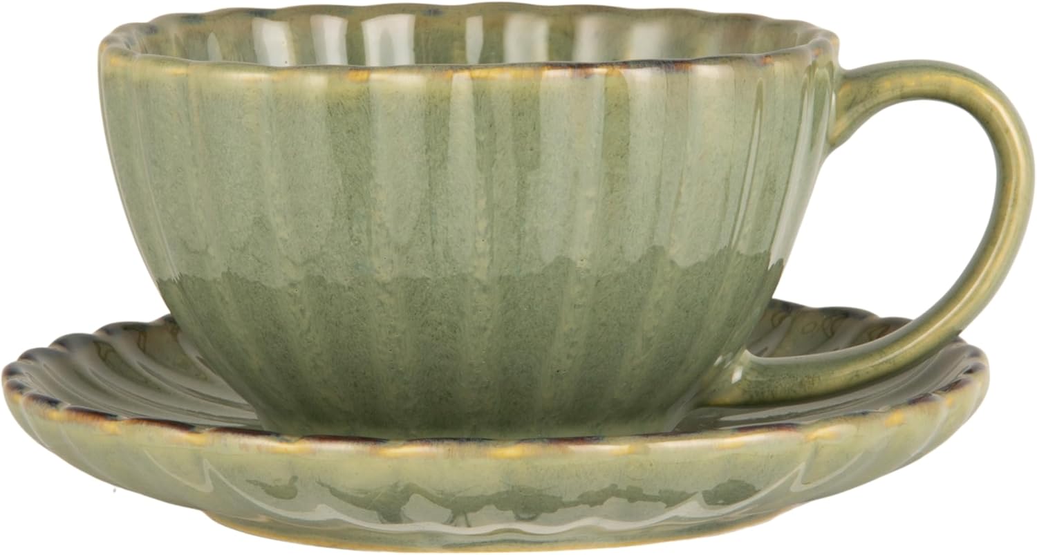 Creative Co-Op 10-Ounce Stoneware Ribbed Mug with Saucer in Reactive Glaze, Sage Green
