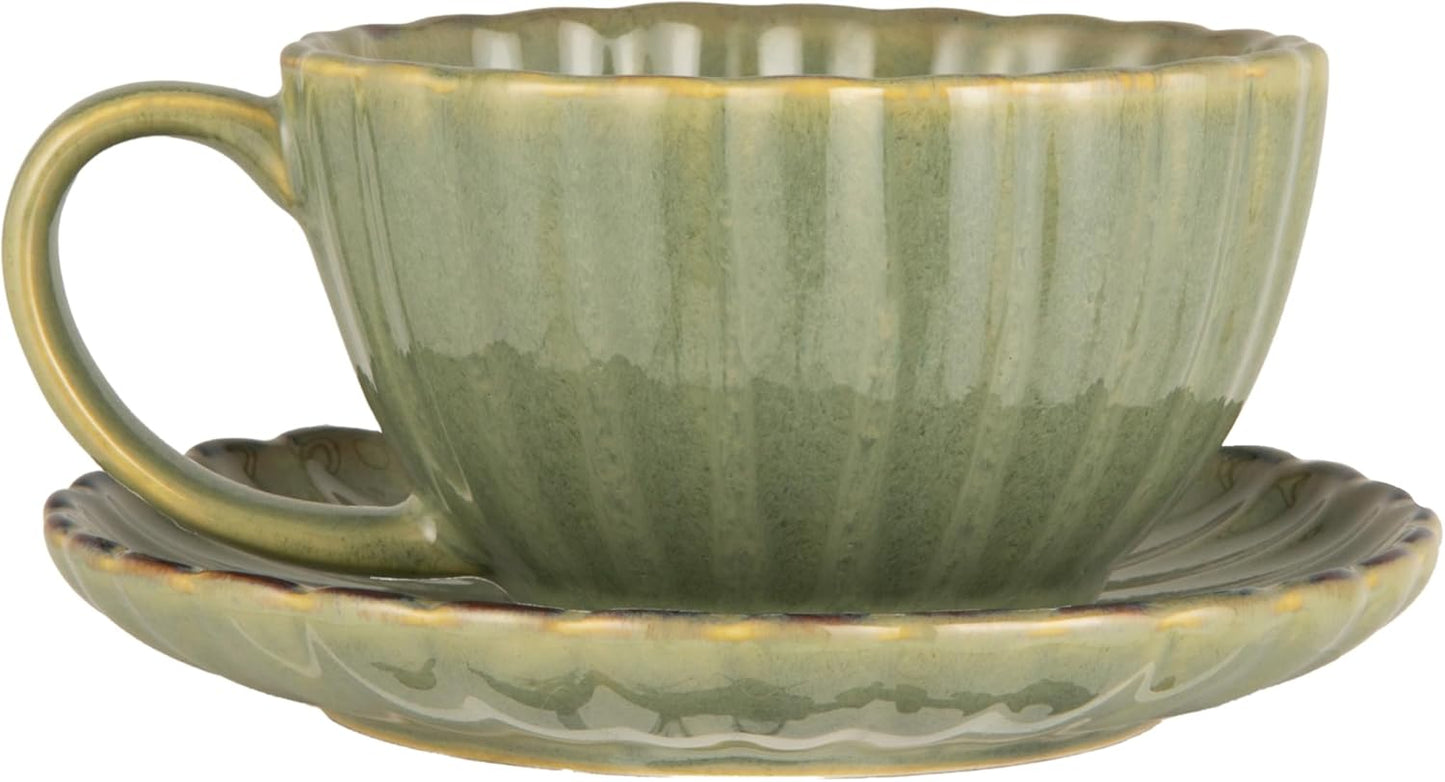Creative Co-Op 10-Ounce Stoneware Ribbed Mug with Saucer in Reactive Glaze, Sage Green