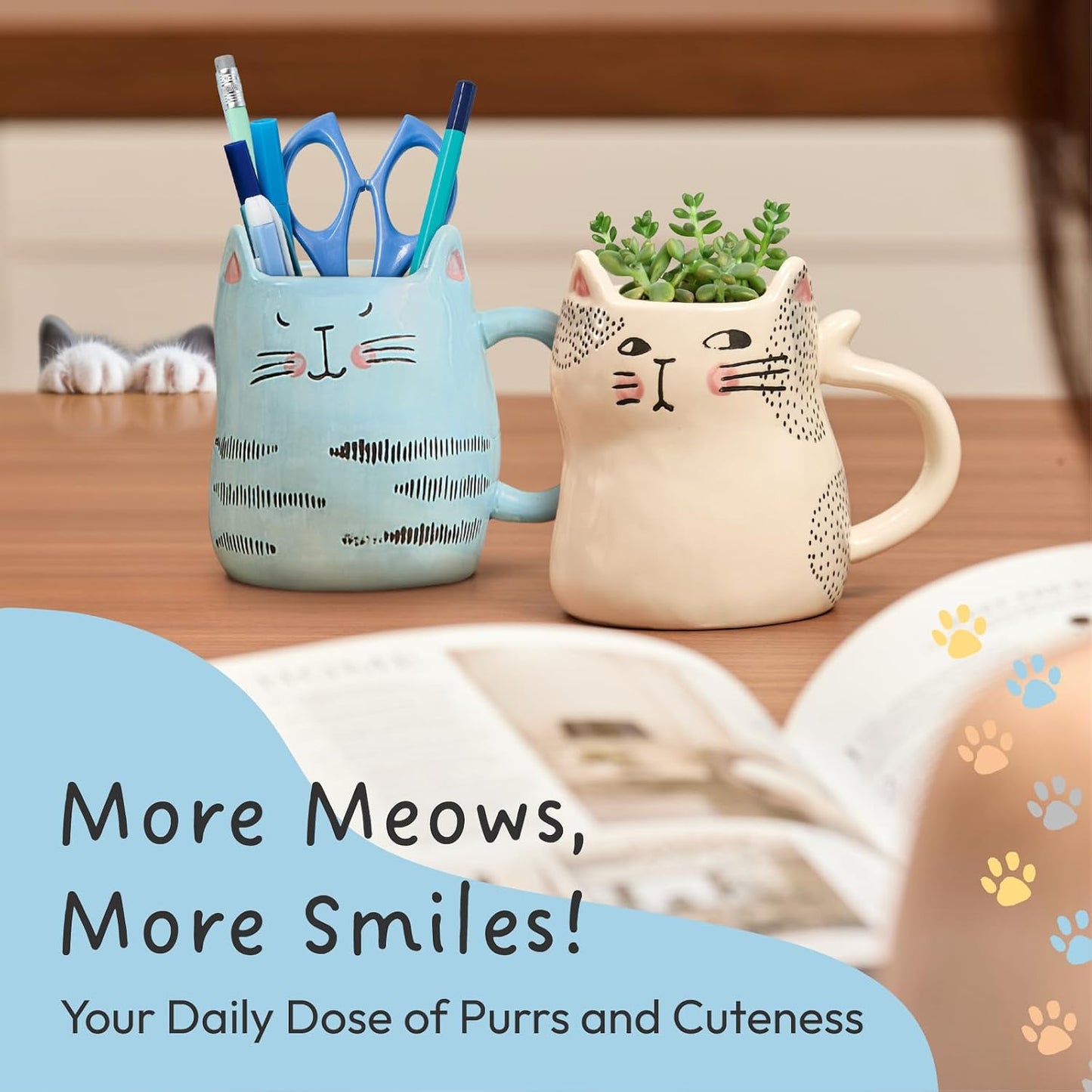 Bico Cartoon Cat Coffee Mugs Set of 4, Cute Ceramic Mugs with Unique Cats Faces, Stoneware Coffee Tea Mug Gifts for Cat Lovers, Women and Men, Microwave and Dishwasher Safe (10 oz)