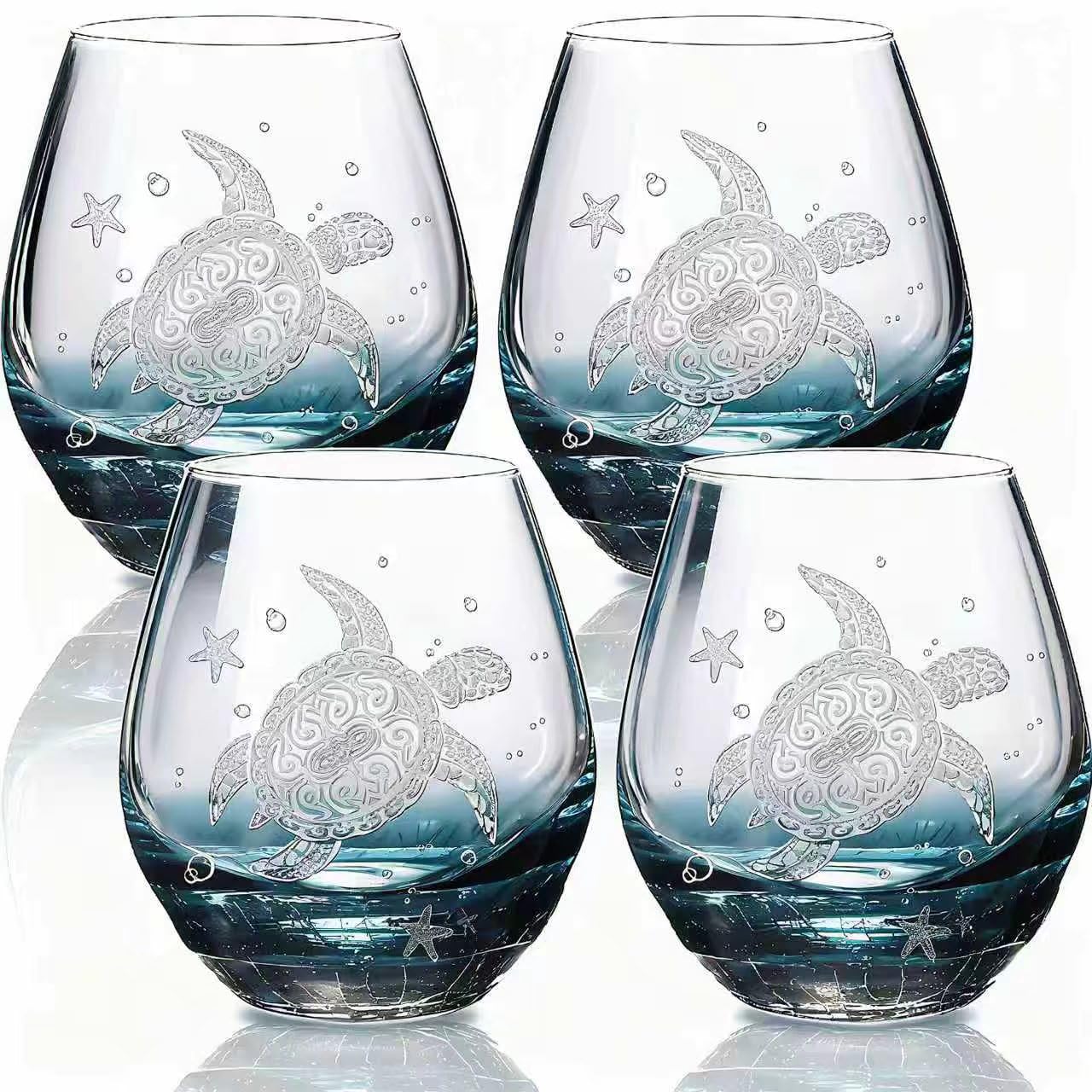 Sea Turtle Wine Glasses Set 2-13.3oz Crackle Teal Design, Hand blown Tortoise Wine Tumbler,Sea Turtle Gifts for Women, Birthday/Housewarming/Christmas Gifts for Seaturtle Lovers(2Count, Black)