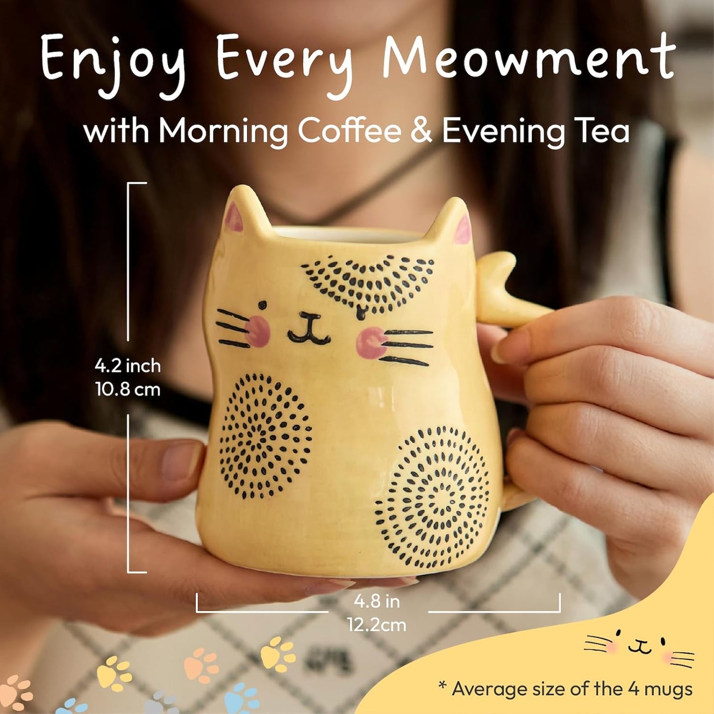 Bico Cartoon Cat Coffee Mugs Set of 4, Cute Ceramic Mugs with Unique Cats Faces, Stoneware Coffee Tea Mug Gifts for Cat Lovers, Women and Men, Microwave and Dishwasher Safe (10 oz)